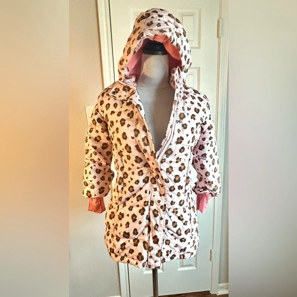 Girls Pink‎ Leopard Amazon Essentials Puffer Coat Hooded Winter Warm Size Small